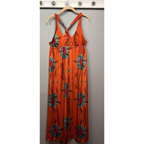 Apple‎ Bottoms Y2K Retro Maxi Dress Small Spellout Orange Colorful Swirl Ruffle - Picture 1 of 9
